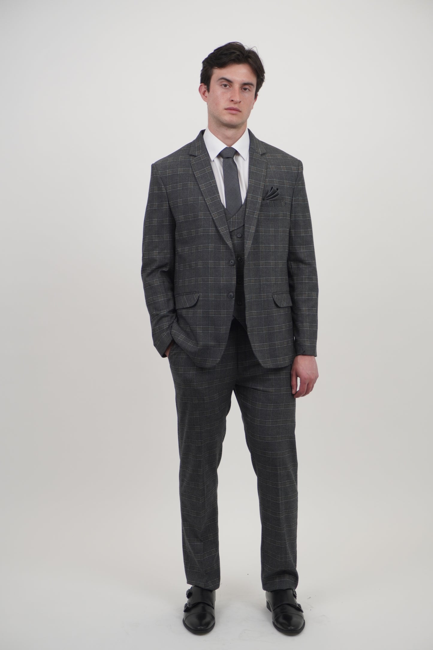 Preston Men's Grey Orange 3 Piece Tweed Suit