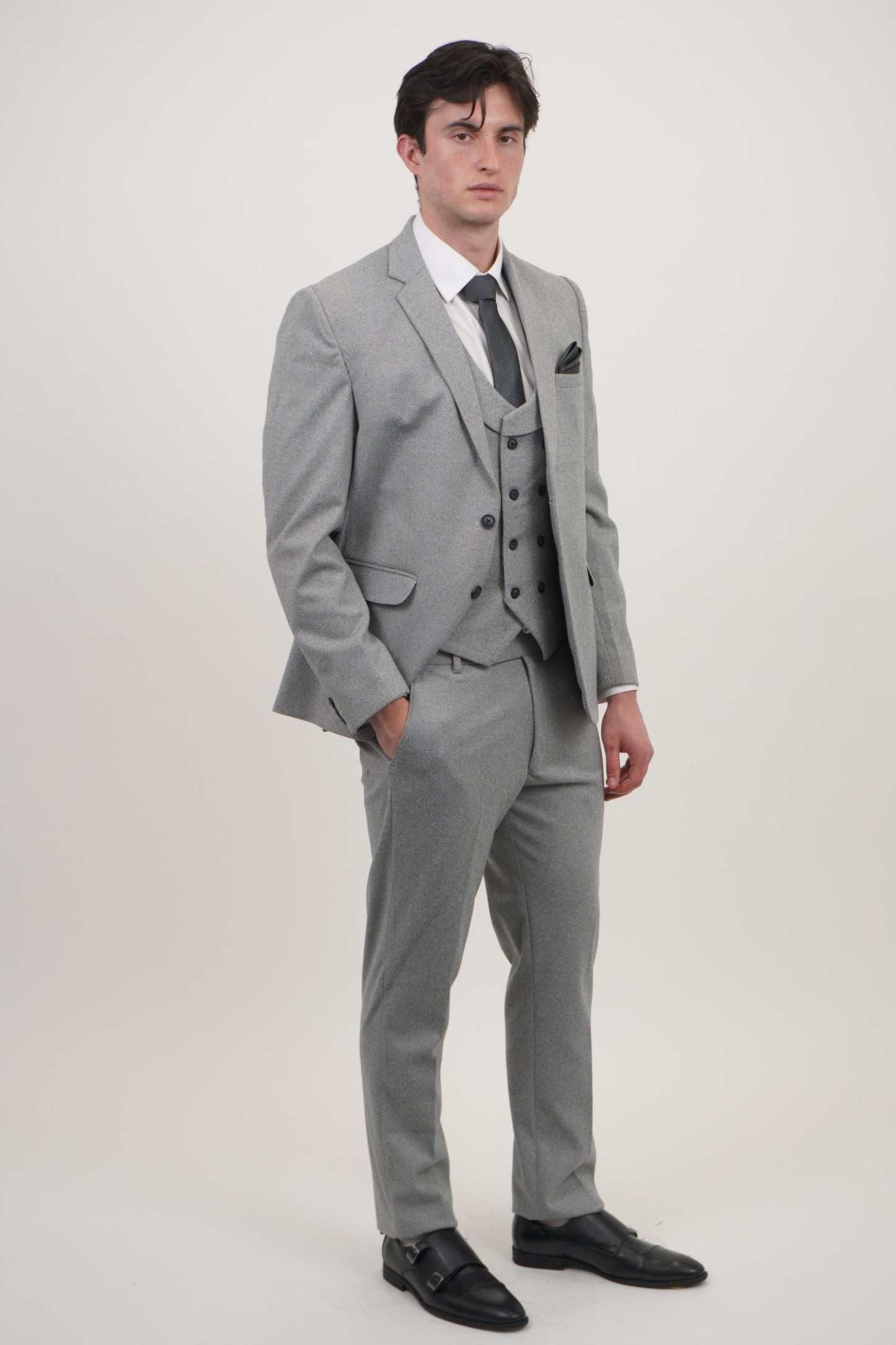 Men's Light Grey 3 Piece Tweed Suit