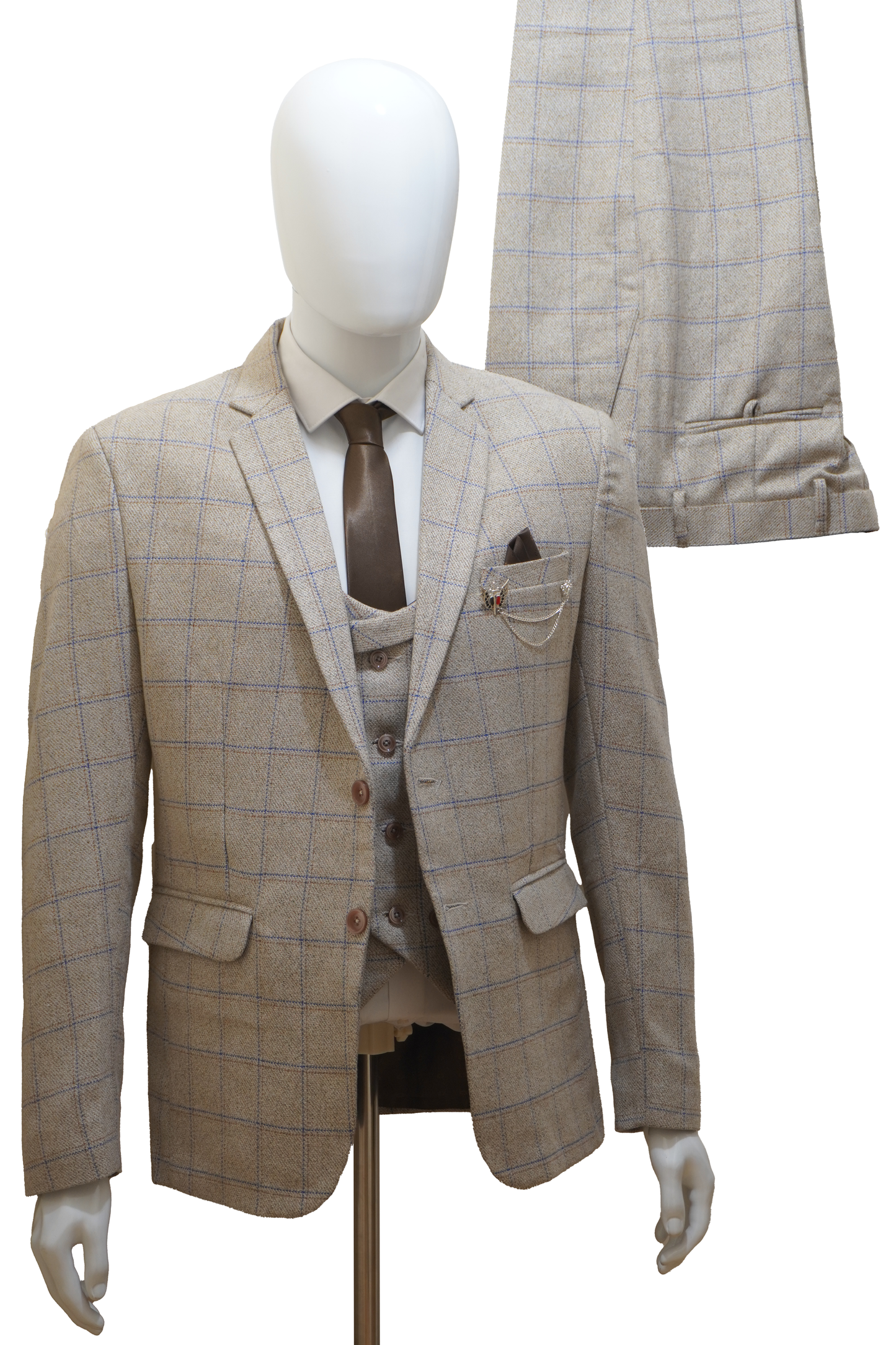 Mens 3 Piece Beige Tweed Suit