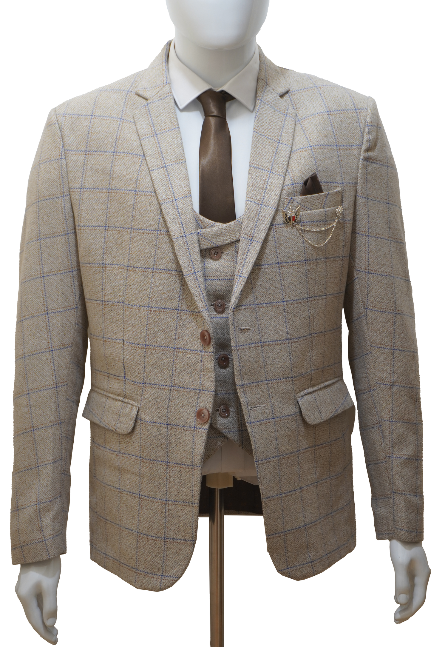 Mens 3 Piece Beige Tweed Suit