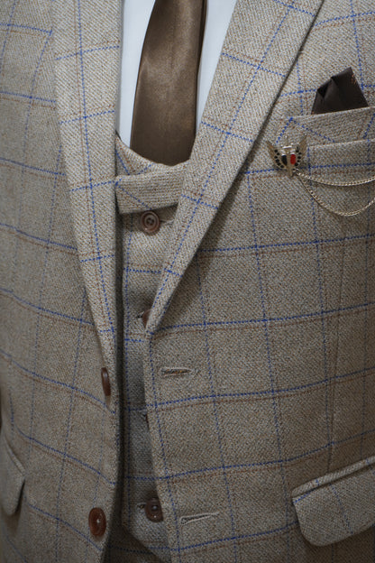 Mens 3 Piece Beige Tweed Suit