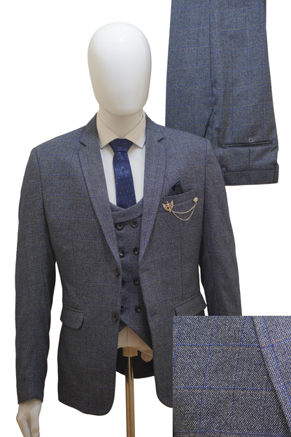 Mens 3 Piece Light Blue Tweed Suit