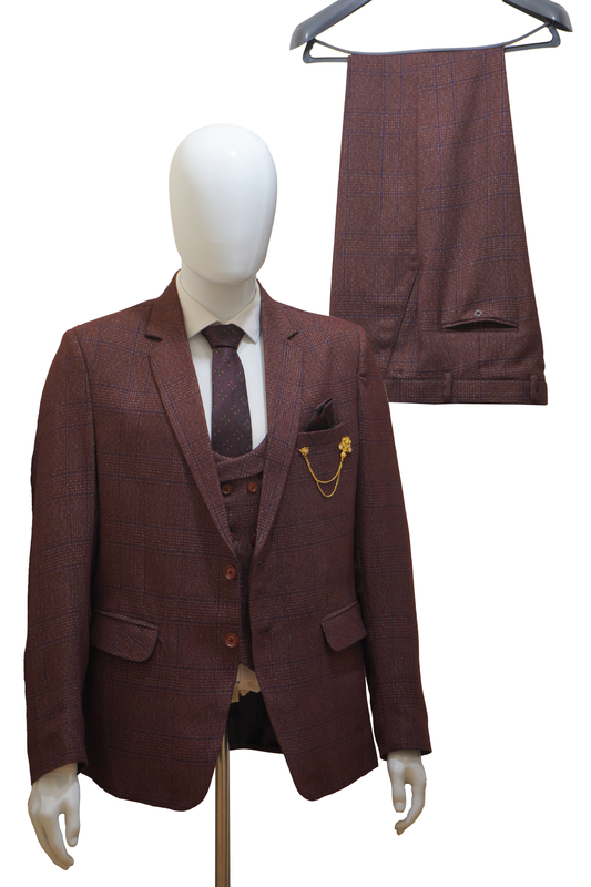 Mens 3 Piece Maroon Tweed Suit