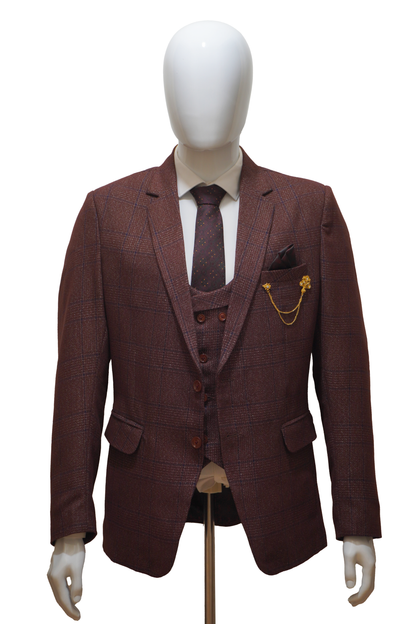 Mens 3 Piece Maroon Tweed Suit