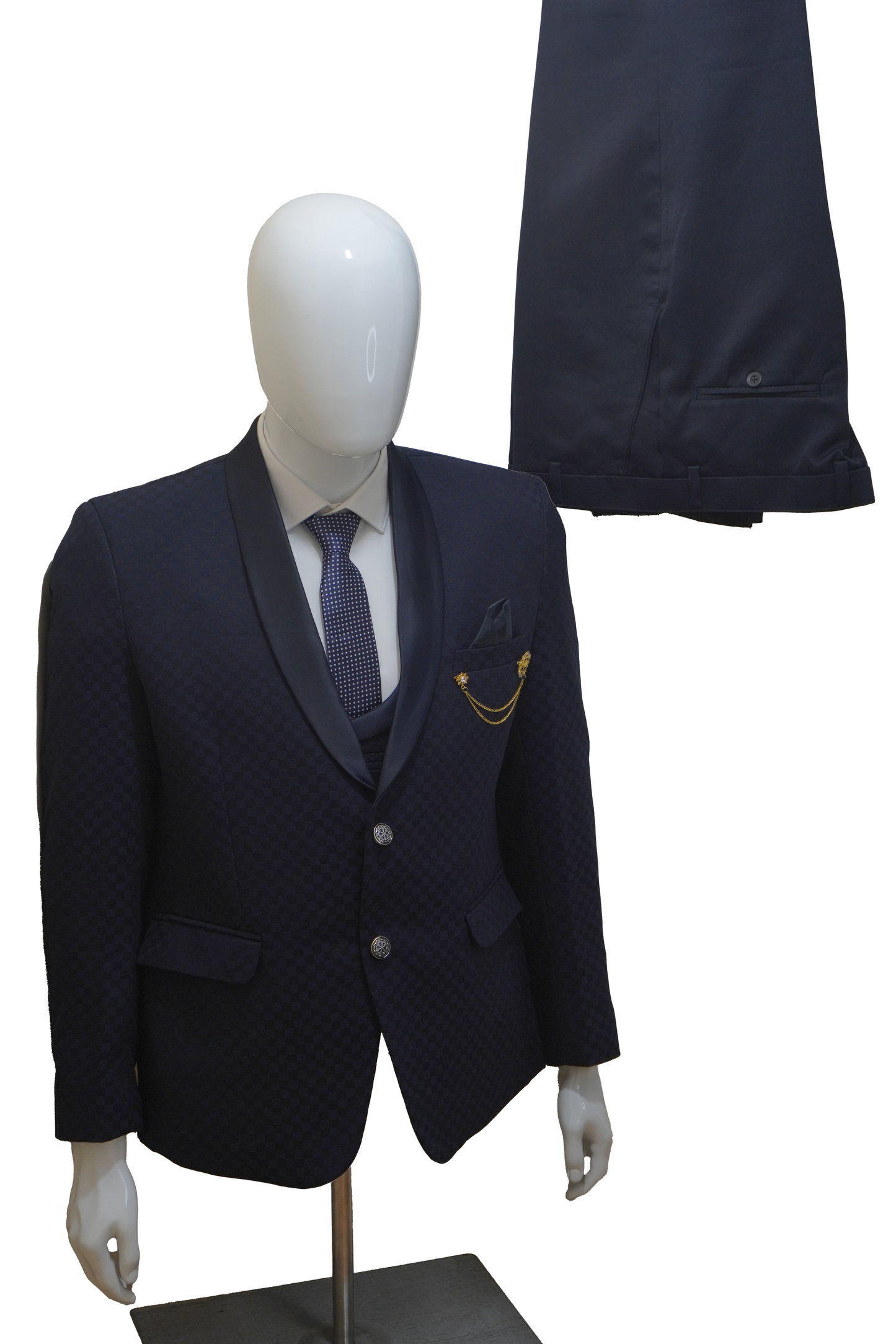 Mens 3 Piece Blue Tuxedo with Chess Pattern Jacket