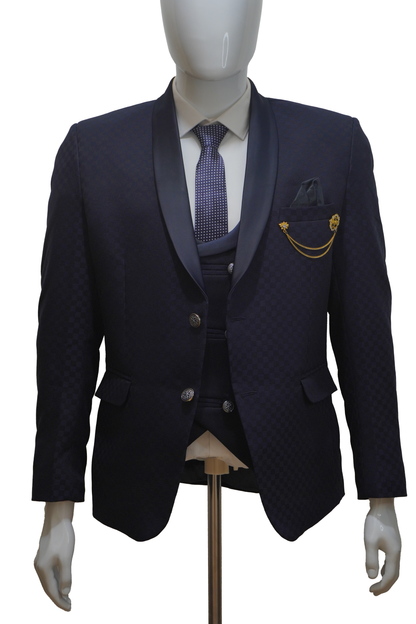 Mens 3 Piece Blue Tuxedo with Chess Pattern Jacket