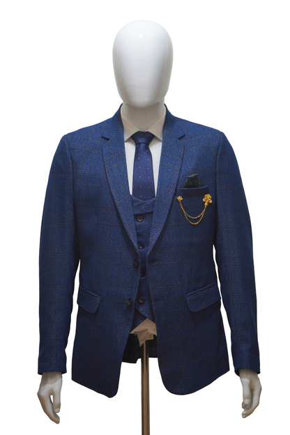 Mens 3 Piece Blue Tweed Suit