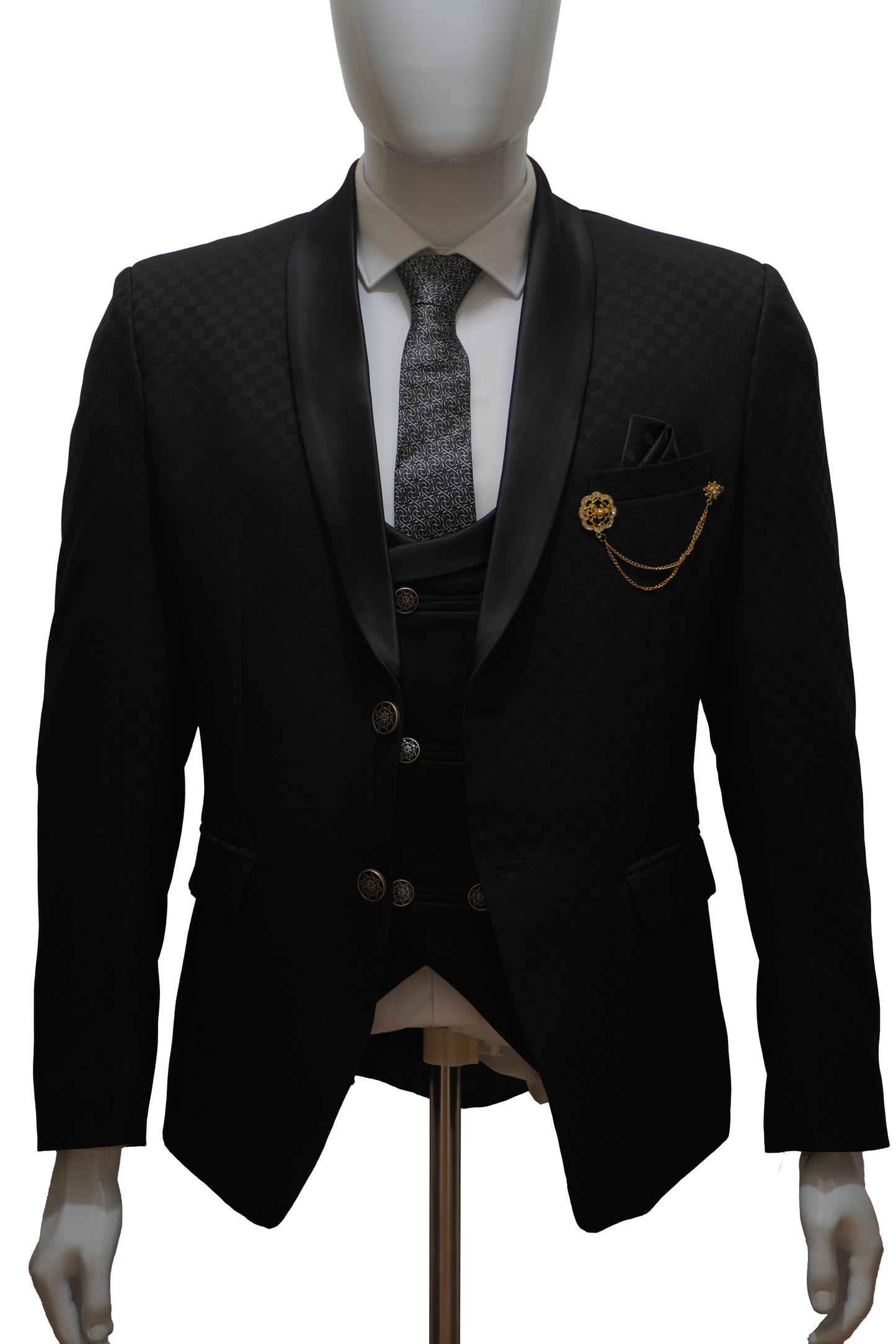 Mens 3 Piece Black Tuxedo with Chess Pattern Jacket