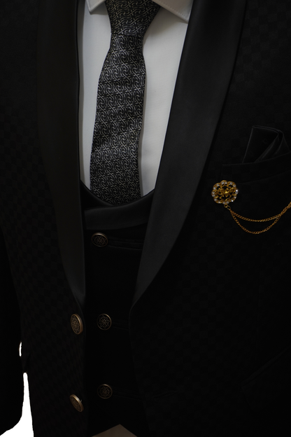 Mens 3 Piece Black Tuxedo with Chess Pattern Jacket