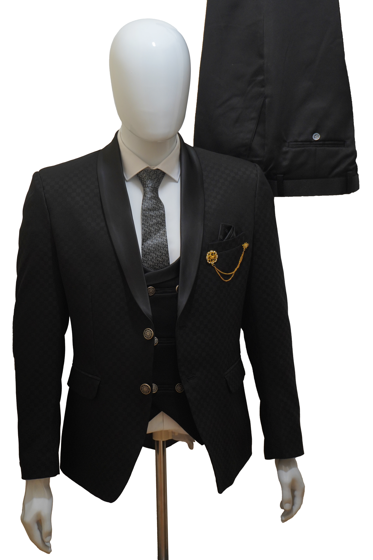 Mens 3 Piece Black Tuxedo with Chess Pattern Jacket