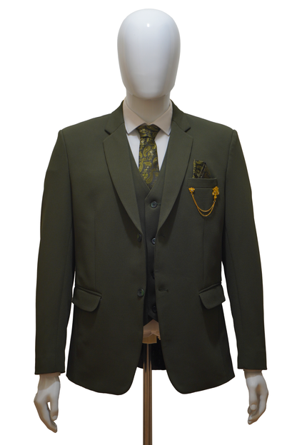 Mens 3 Piece Khaki Green Suit