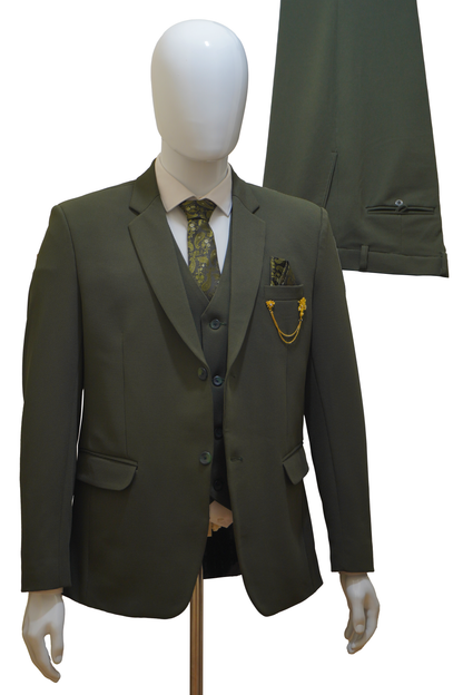 Mens 3 Piece Khaki Green Suit