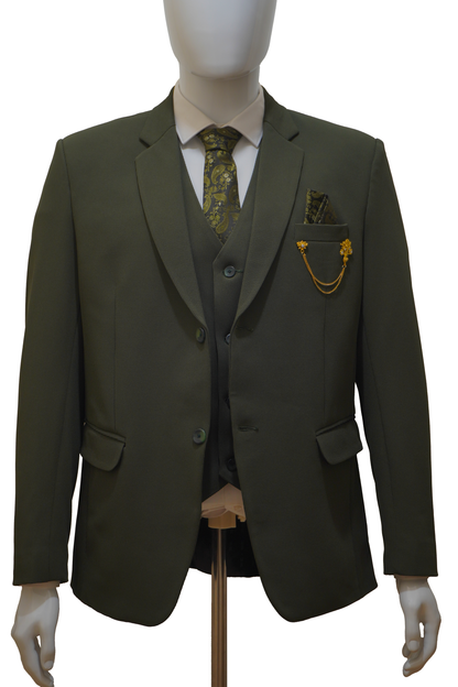 Mens 3 Piece Khaki Green Suit