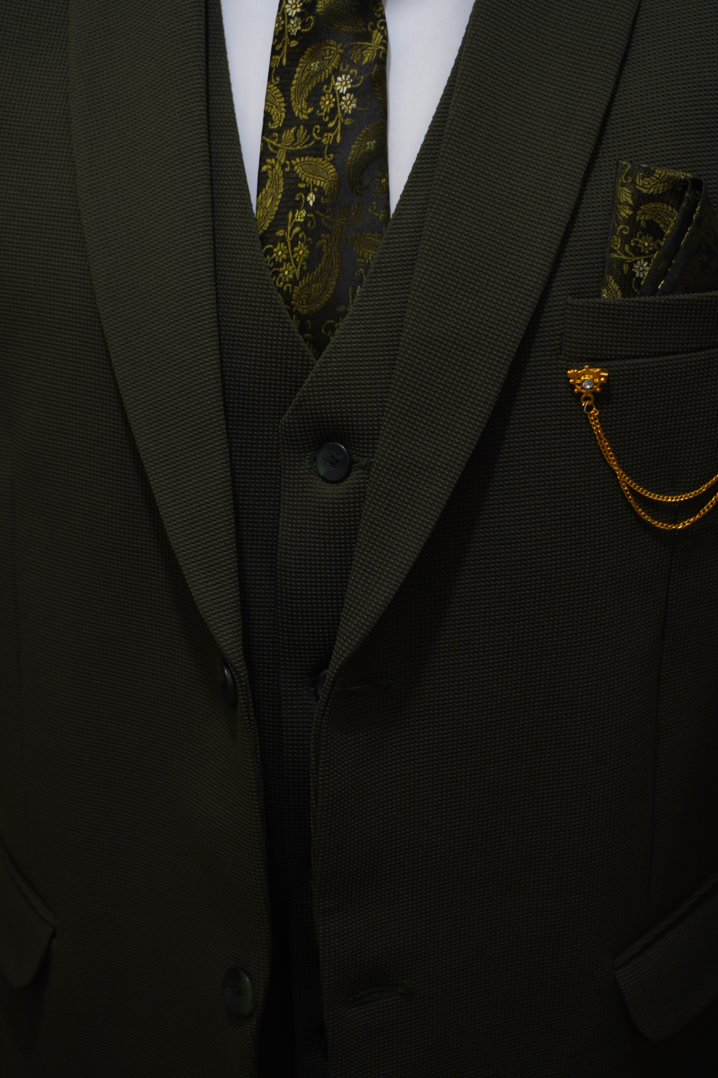 Mens 3 Piece Khaki Green Suit